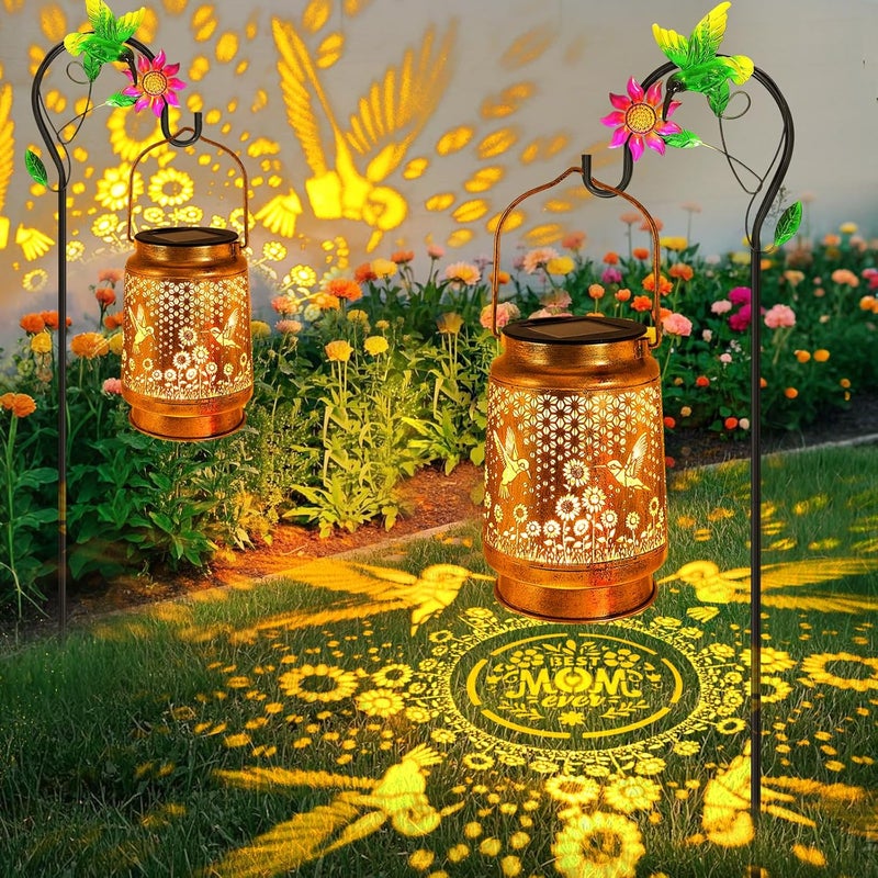 SANDECO 2 Pack Hummingbird Solar Lanterns Outdoor Garden Decor, Gifts for Women Mom Grandma Birthday, Hanging Metal Solar Lights Waterproof LED Decoration with Shepherd Hook Outside for Yard Patio Lawn Porch - Image 1